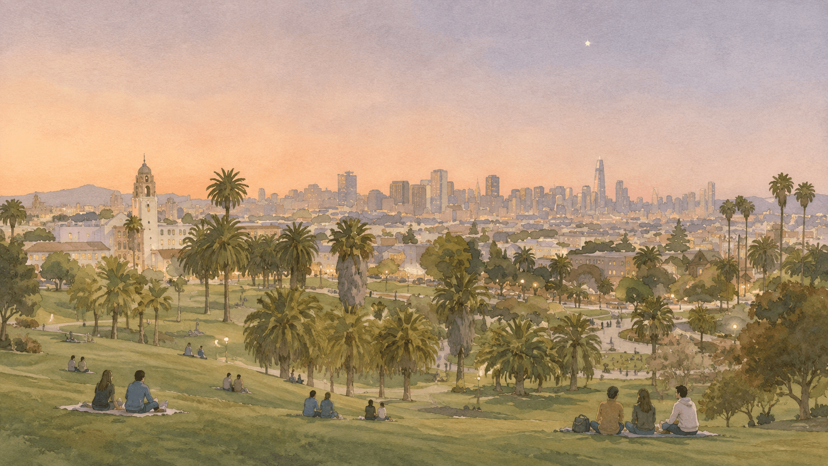 Illustration of people relaxing in a palm-lined park overlooking the San Francisco skyline at sunset.